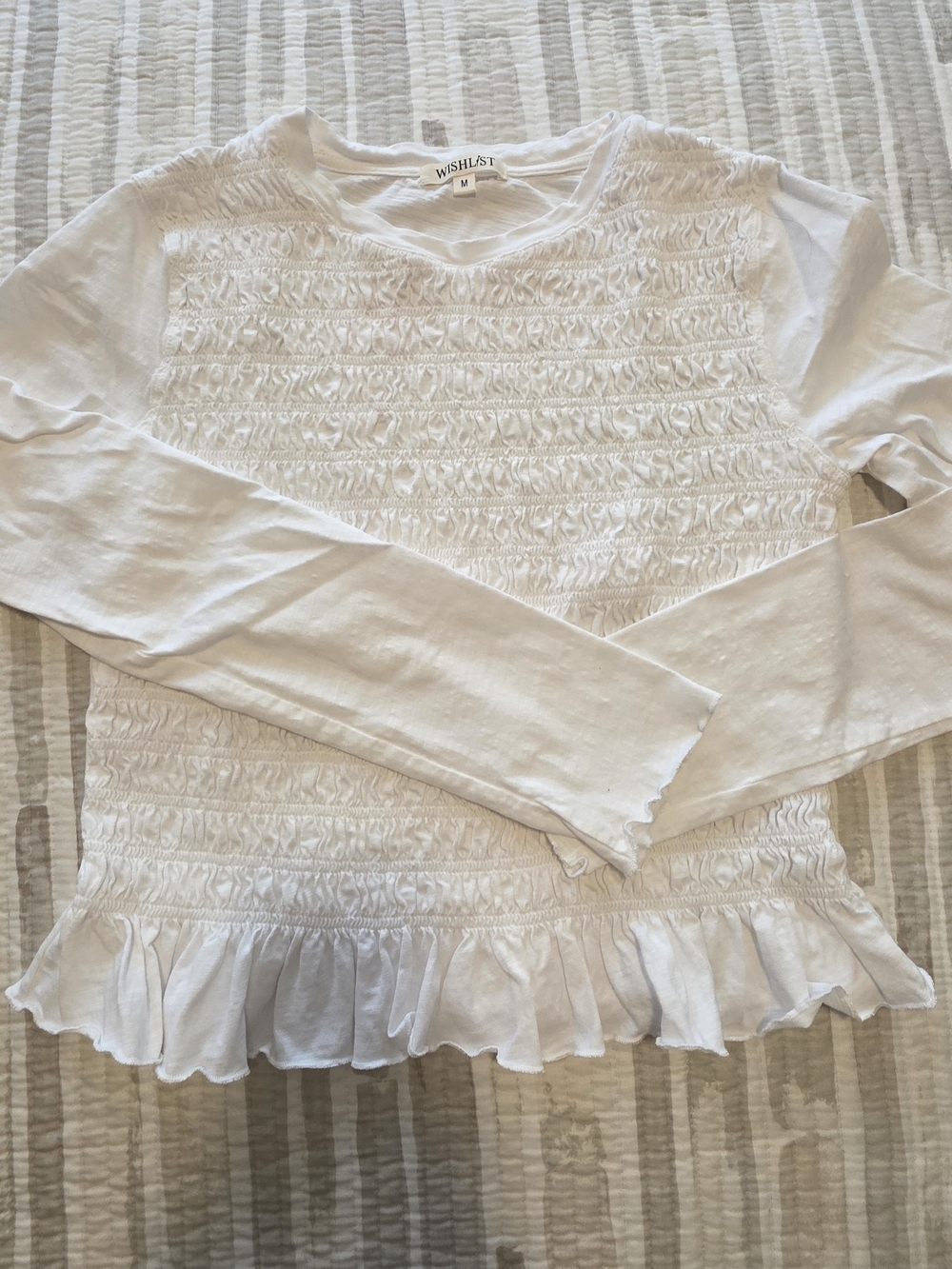 Wishlist White Smocked Ruffle-Hem Long Sleeve Top